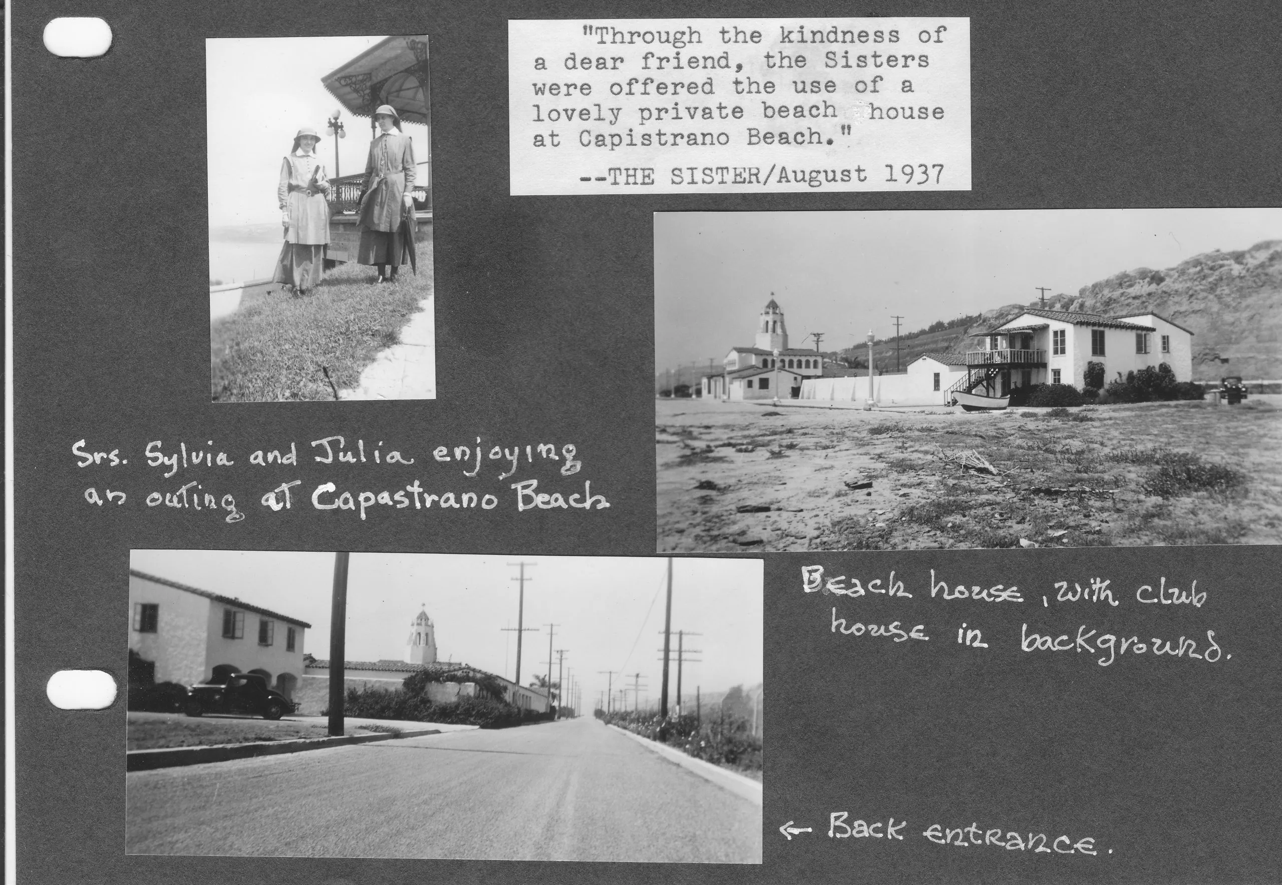 Photo album page from 1937 with three black-and-white photos of a beach house at Capistrano Beach and handwritten captions
