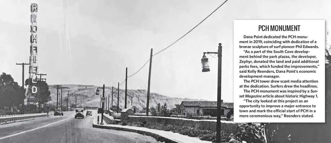 Display panel titled “PCH Monument” with a historic photo of the coast highway
