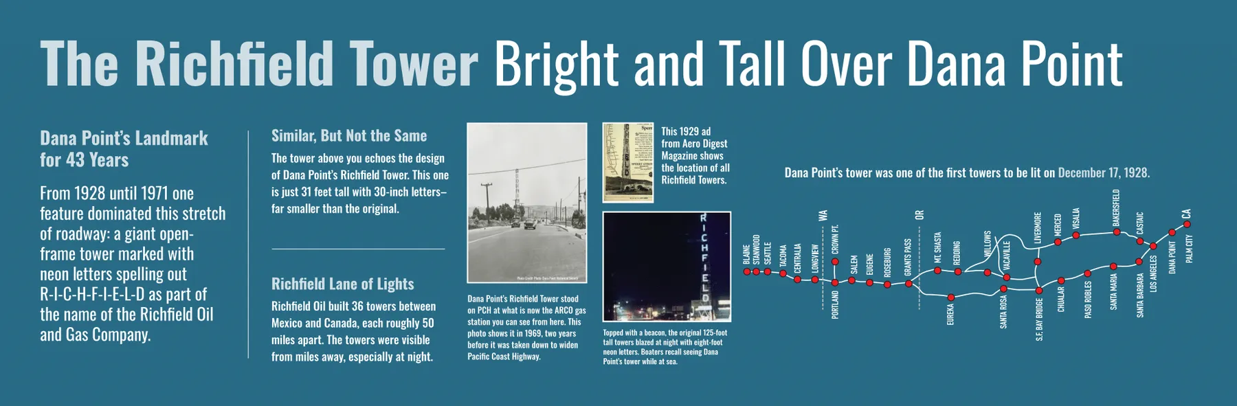 Display panel titled “The Richfield Tower Bright and Tall Over Dana Point”